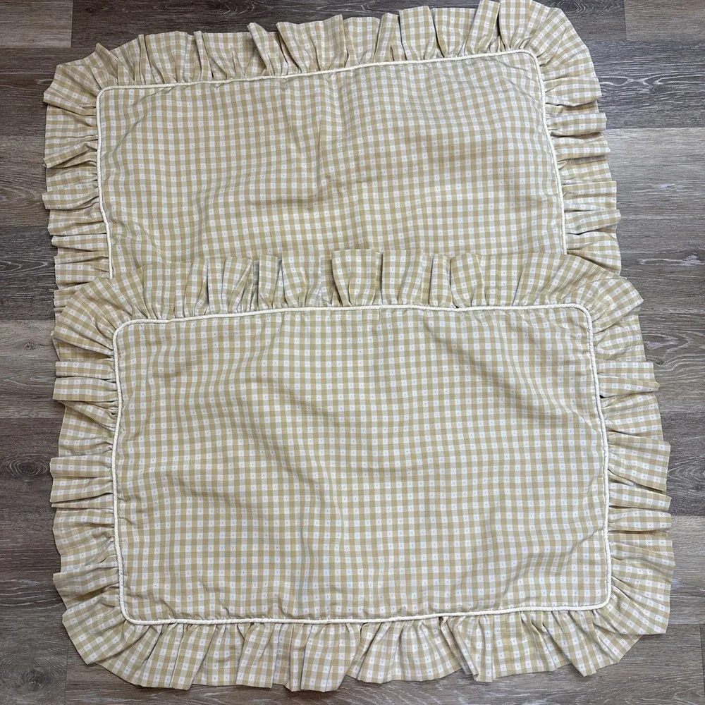 VTG Queen Size Cottagecore Butter Yellow Gingham Cord Ruffle Pillow Covers Shams